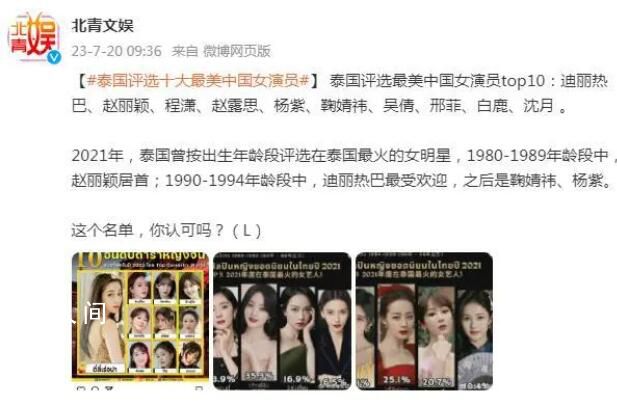 泰国评选10大最美中国女演员 这个名单你认可吗