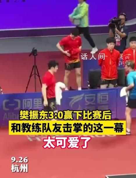 樊振东赛后和教练队友击掌太可爱 网友：樊振东这个掌不击到就不坐下
