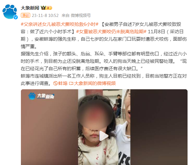 安徽7岁女童被恶犬撕咬致毁容 目前当地警方正在对此事进行调查