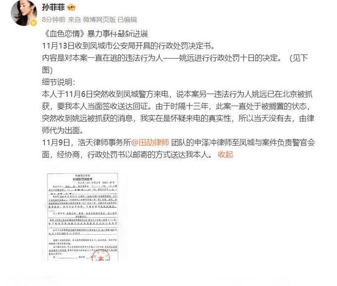 孙菲菲事件施暴人被行政拘留 对姚远进行行政处罚十日的决定