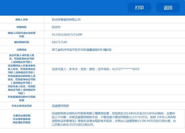 杭州一服饰公司逃税被罚缴3.6亿 逃税逾2.1亿元